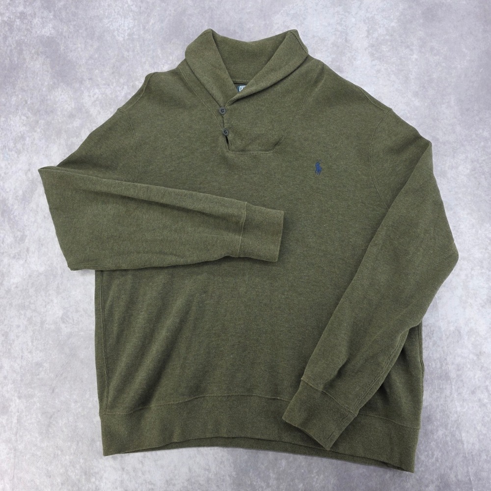 Polo Ralph Lauren Mens XL Shawl Collar Cotton Sweater Olive Green Blue Pony Logo